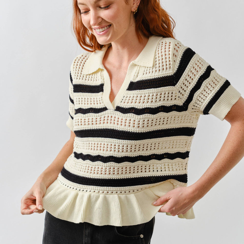 Open Knit Ruffle Hem Stripe Sweater