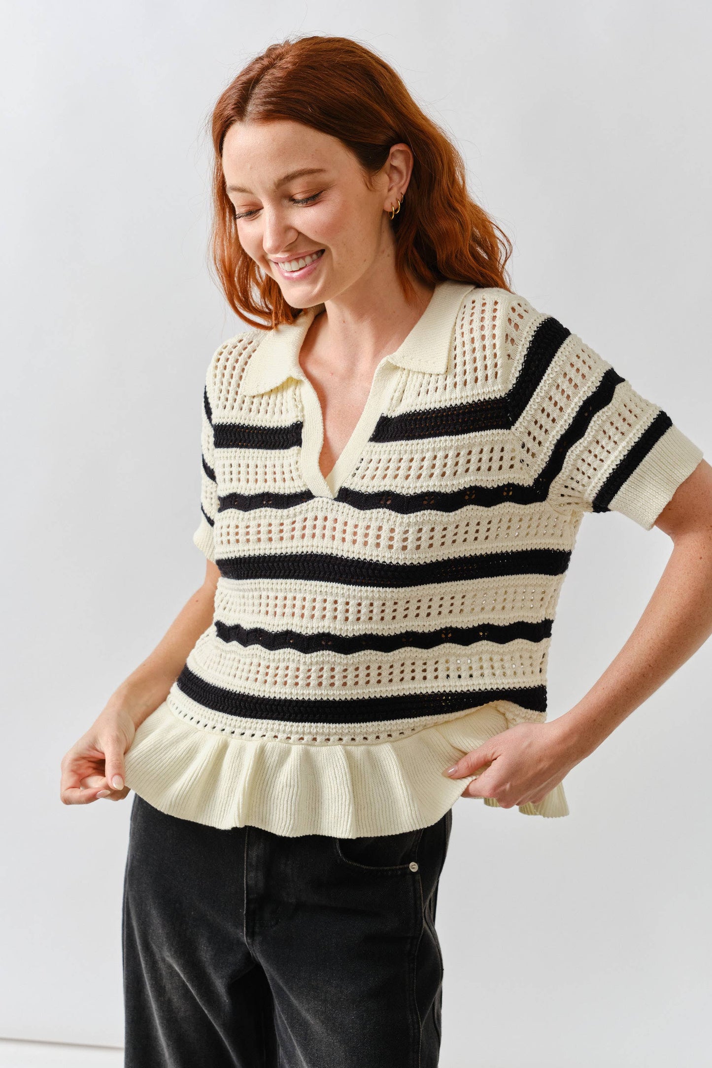 Open Knit Ruffle Hem Stripe Sweater
