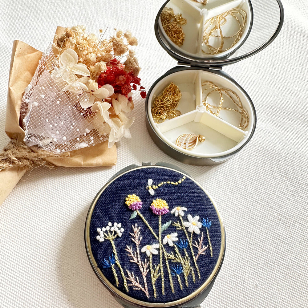 
                      
                        Floral Embroidered Round Jewelry/Pill Box With Mirror
                      
                    