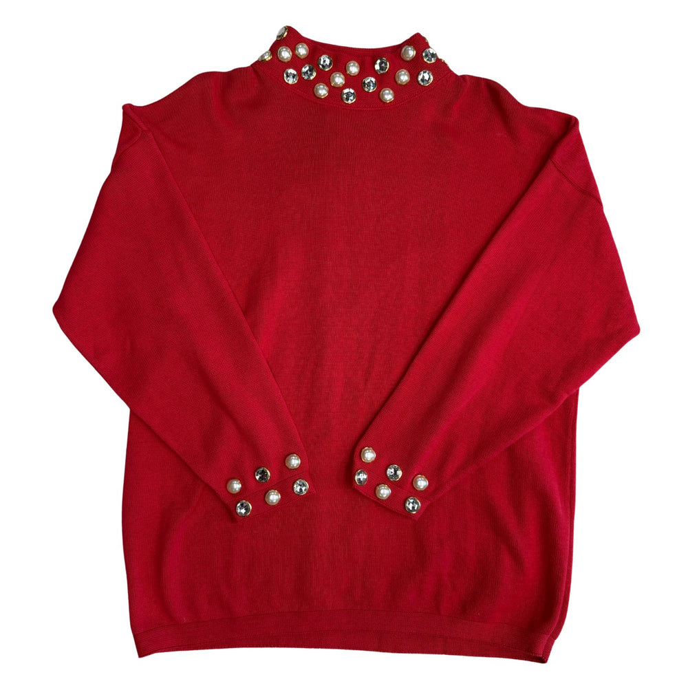 Vintage Embellished Neck & Cuff Red Sweater - Size XL