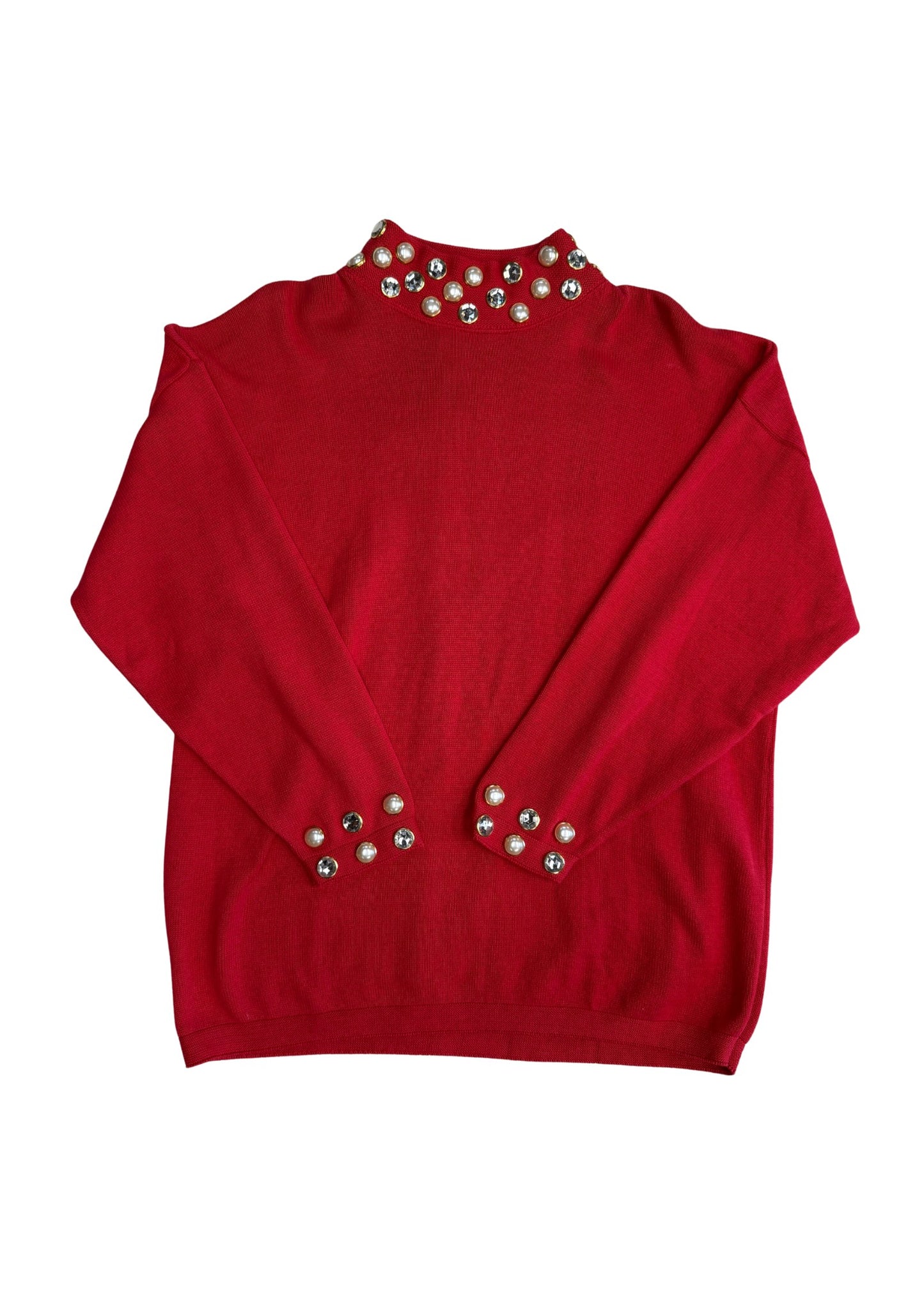 Vintage Embellished Neck & Cuff Red Sweater - Size XL
