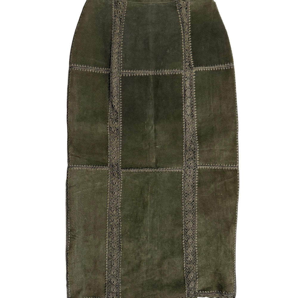 Vintage Olive Leather & Macrame Skirt - Size M/L