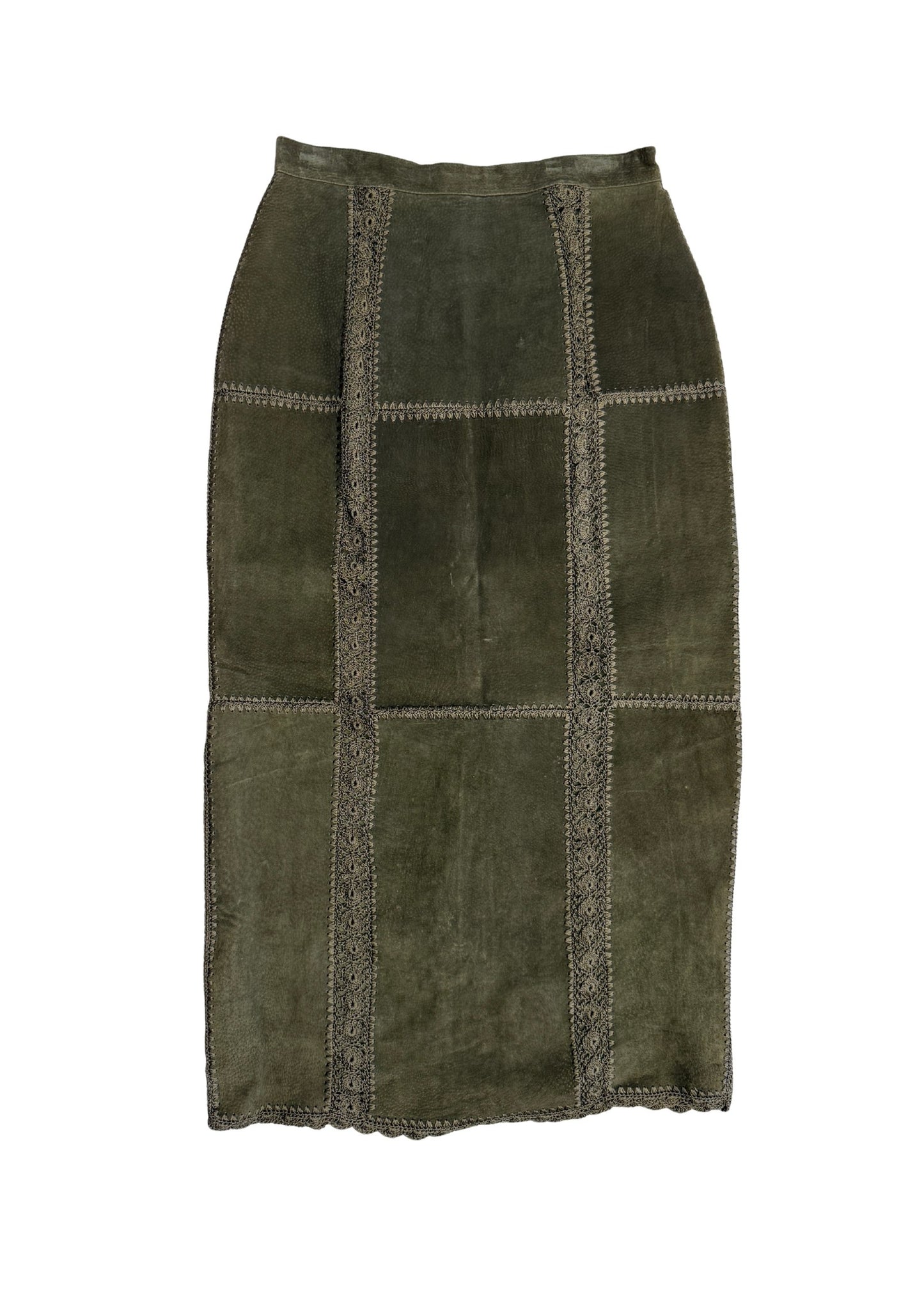 Vintage Olive Leather & Macrame Skirt - Size M/L