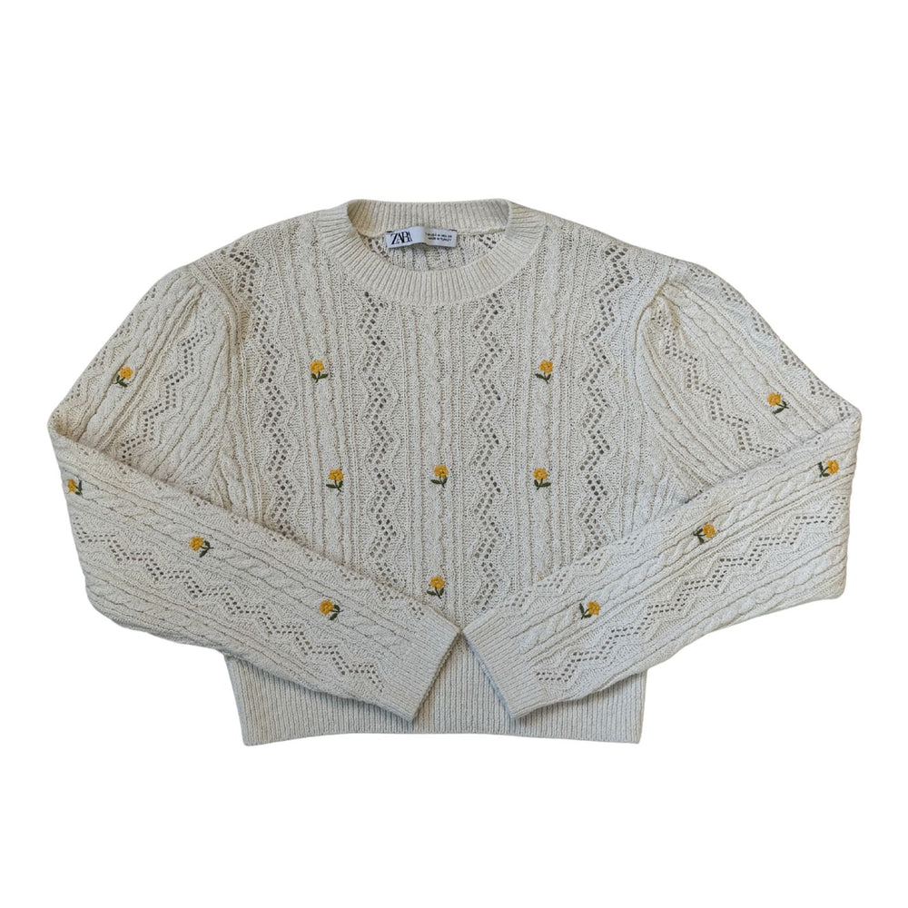Pre-loved Yellow Flower Embroidered Open Knit Sweater - Size M
