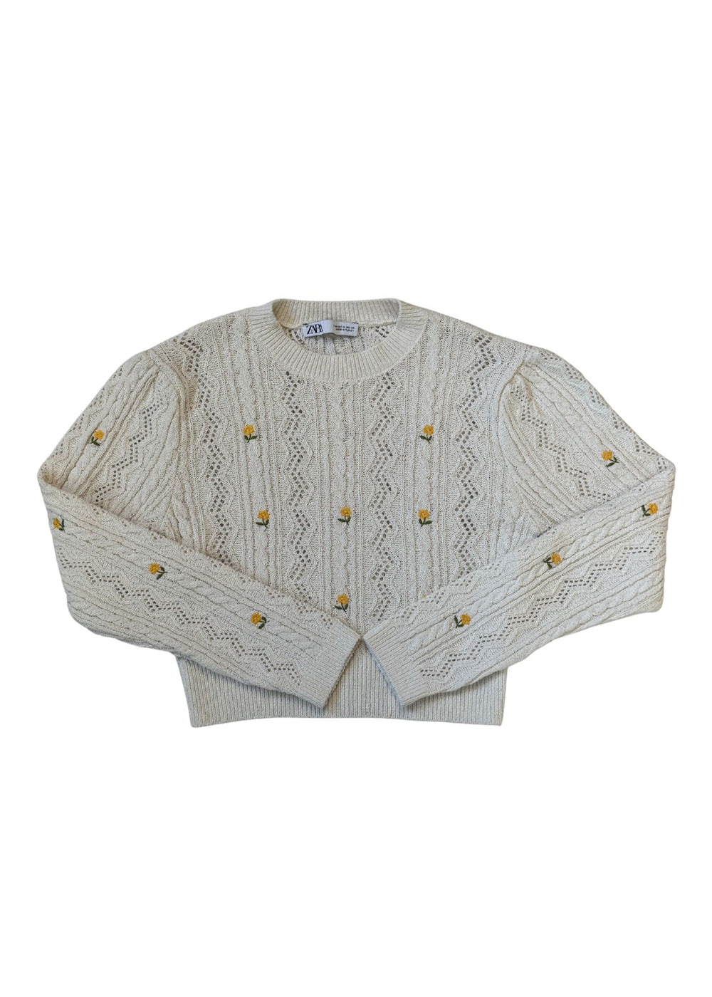 Pre-loved Yellow Flower Embroidered Open Knit Sweater - Size M