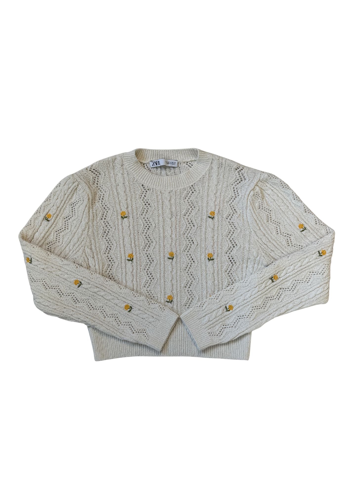 Pre-loved Yellow Flower Embroidered Open Knit Sweater - Size M