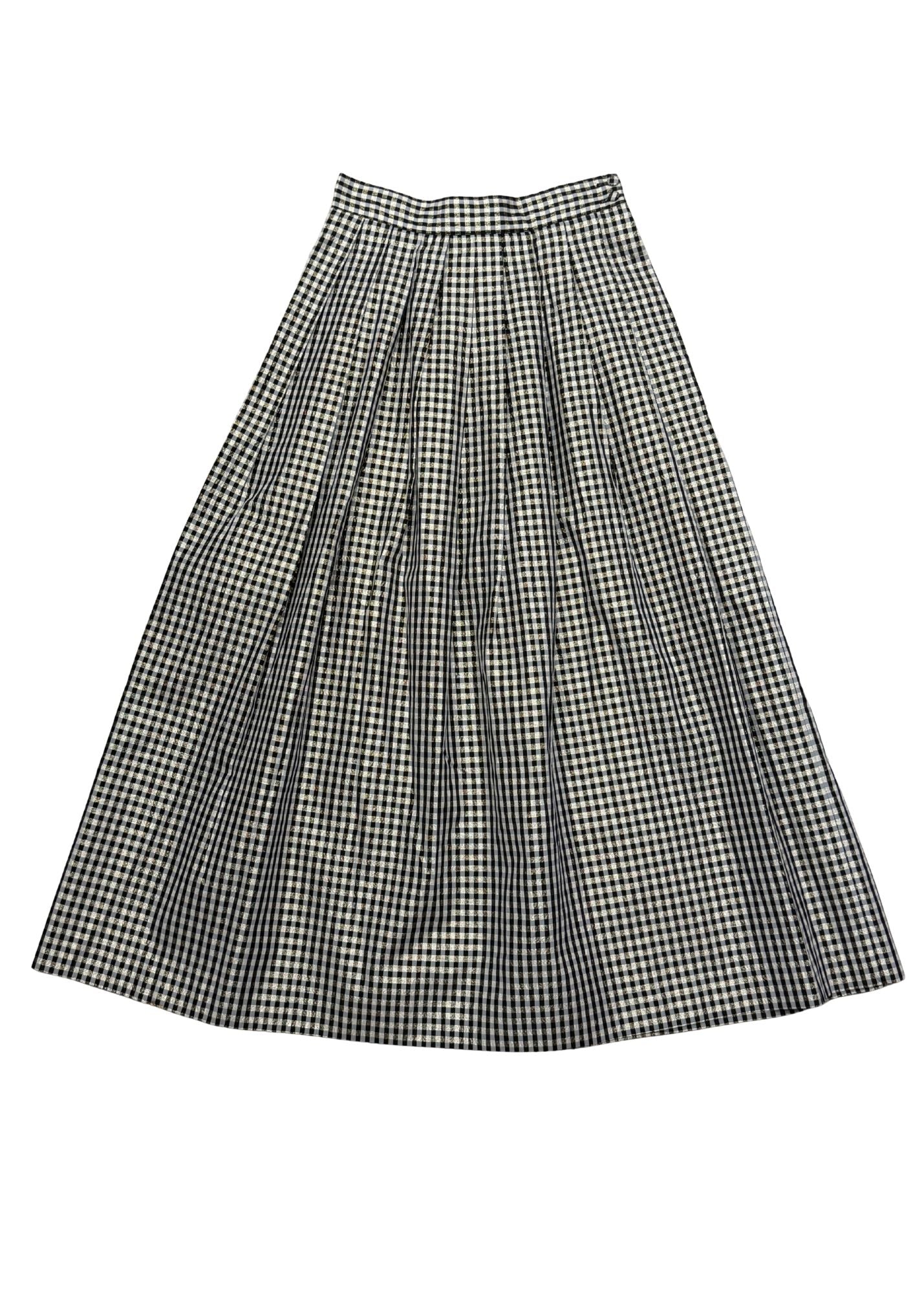 Pre-loved Metallic Black & White Checked Midi Skirt - Size XS/S