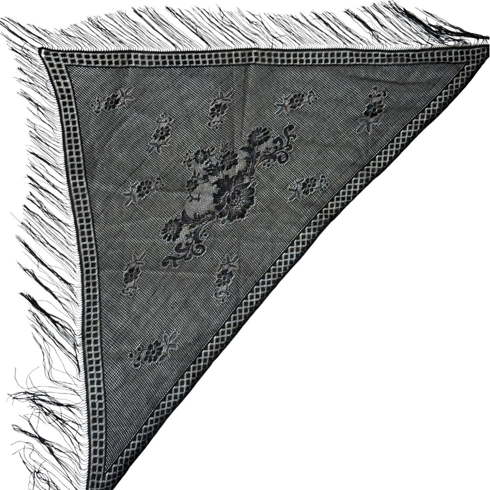 Vintage Black Lace & Fringe Triangle Scarf