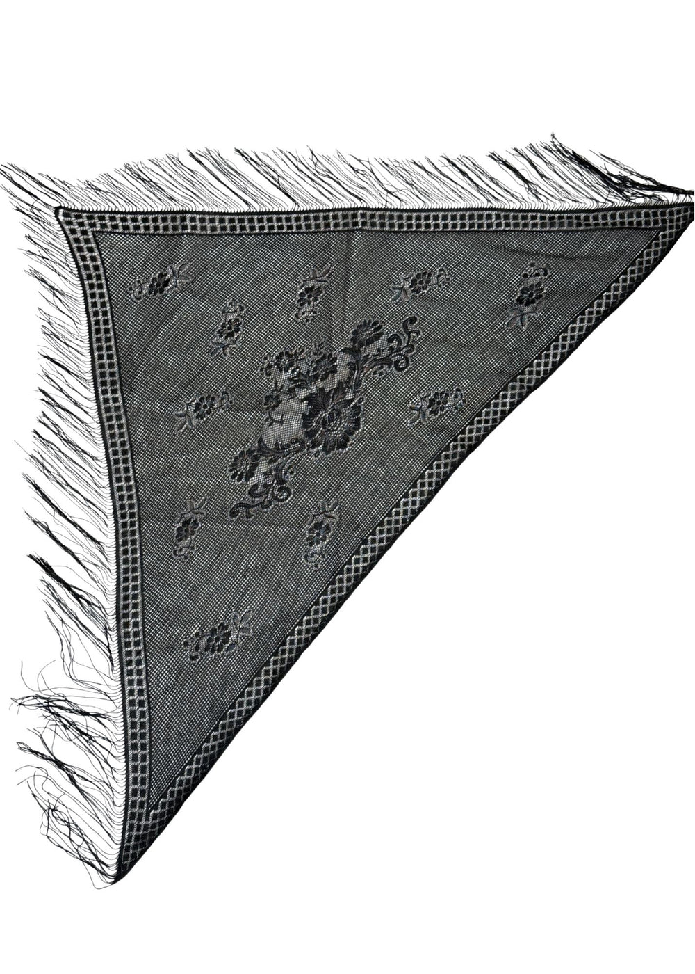 Vintage Black Lace & Fringe Triangle Scarf