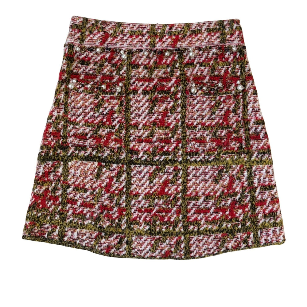 Pre-loved Pink & Olive Beaded Tweed Mini Skirt - Size S