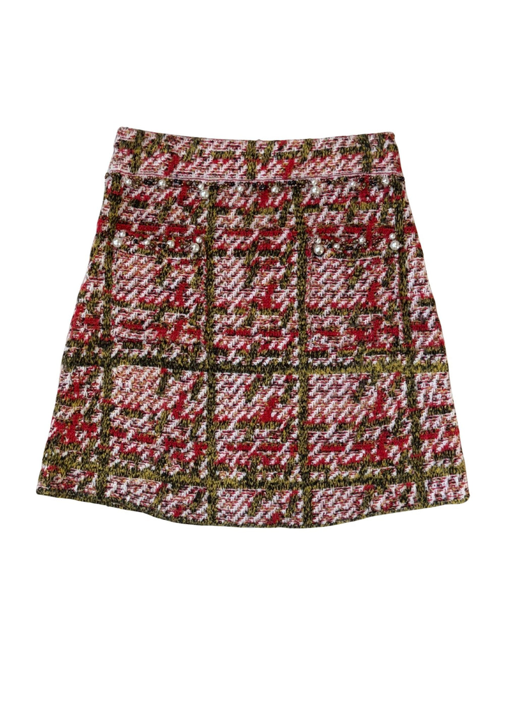 Pre-loved Pink & Olive Beaded Tweed Mini Skirt - Size S