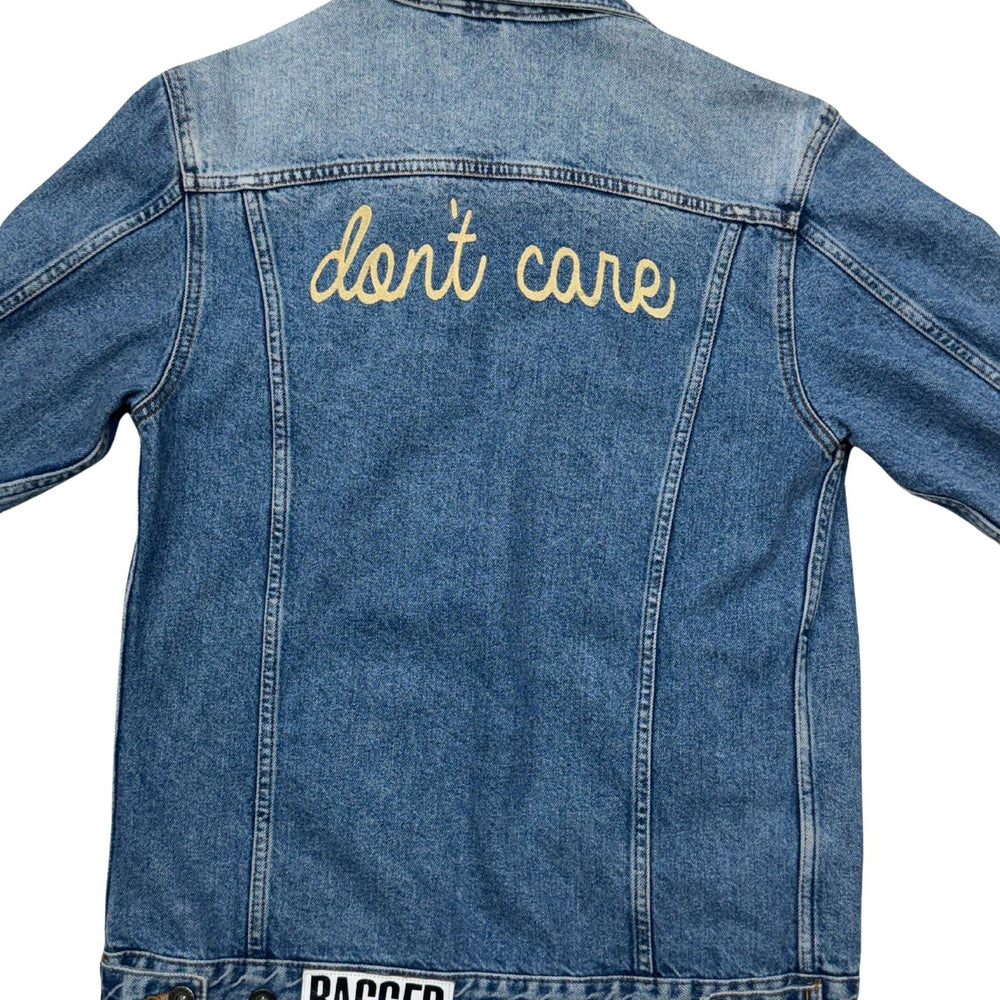 Pre-loved ‘don’t care’ Embroidered Denim Jacket - Size S
