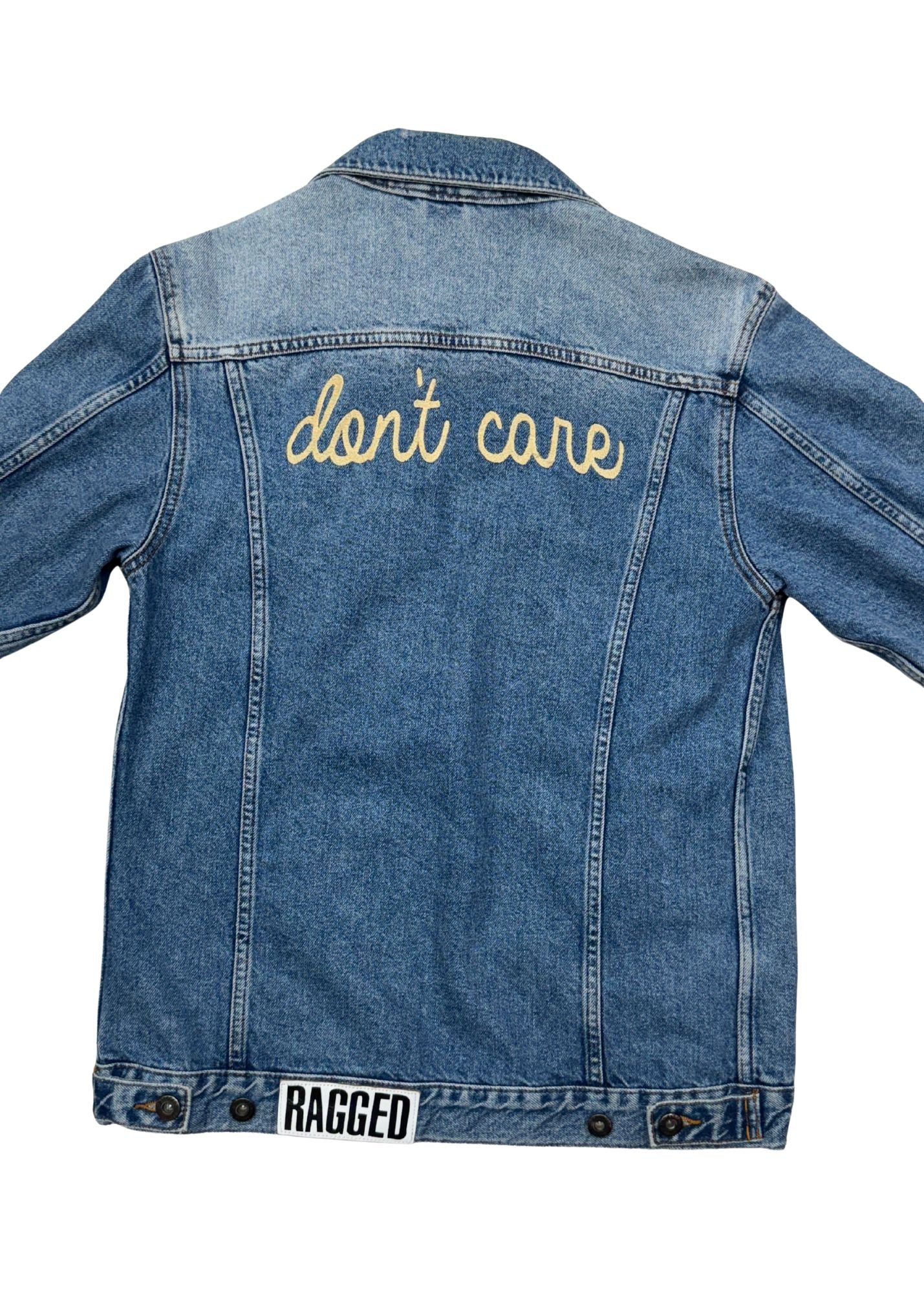 Pre-loved ‘don’t care’ Embroidered Denim Jacket - Size S