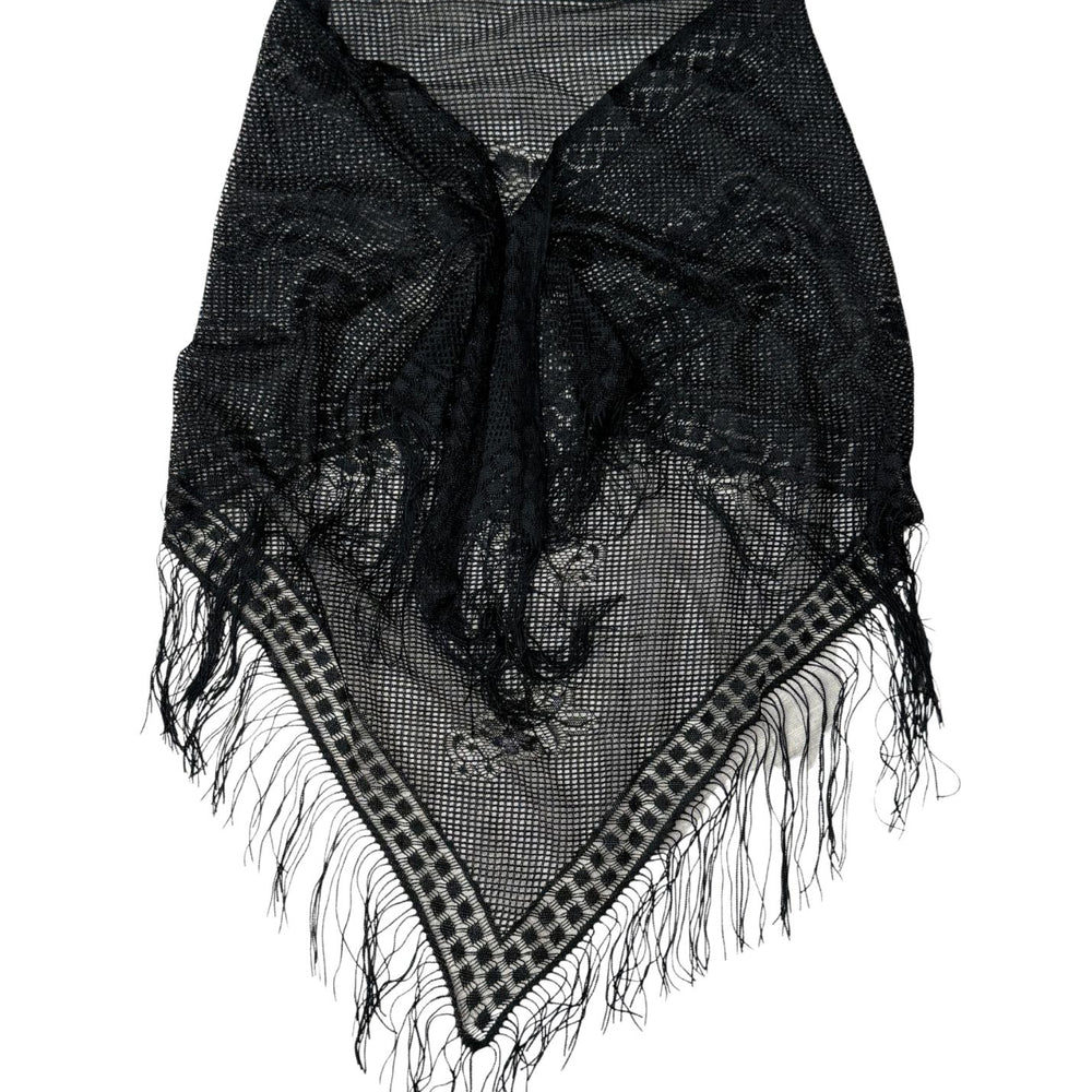 Vintage Black Lace & Fringe Triangle Scarf