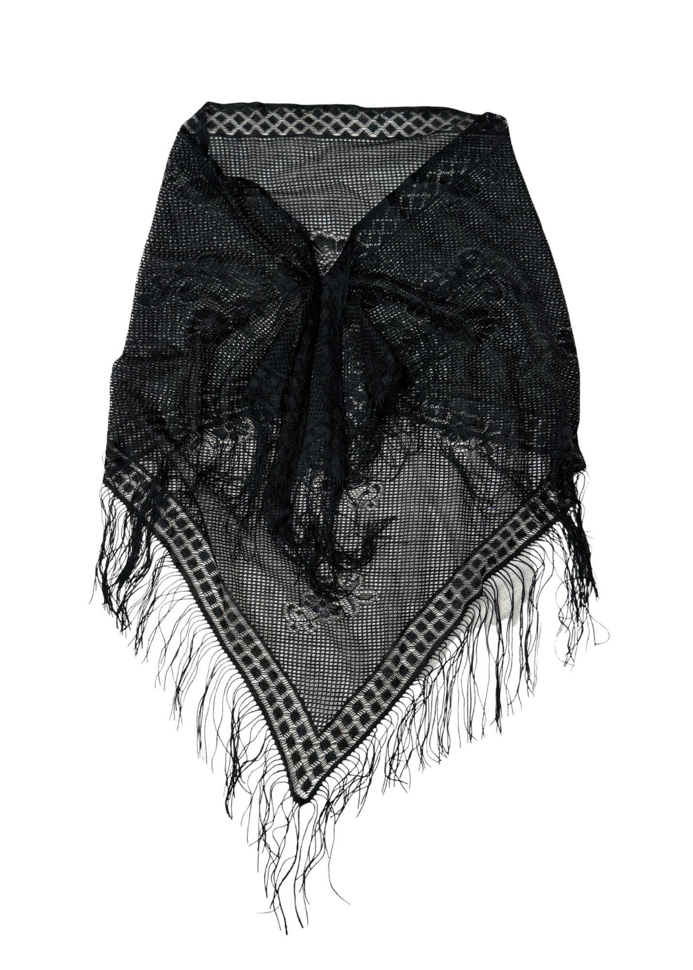 Vintage Black Lace & Fringe Triangle Scarf