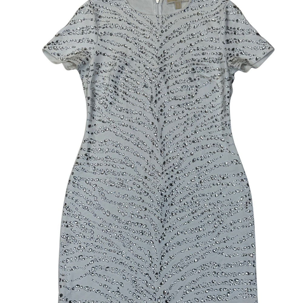 Pre-loved Michael Kors White Zebra Pattern Clear Crystal Embellished Dress - Size M