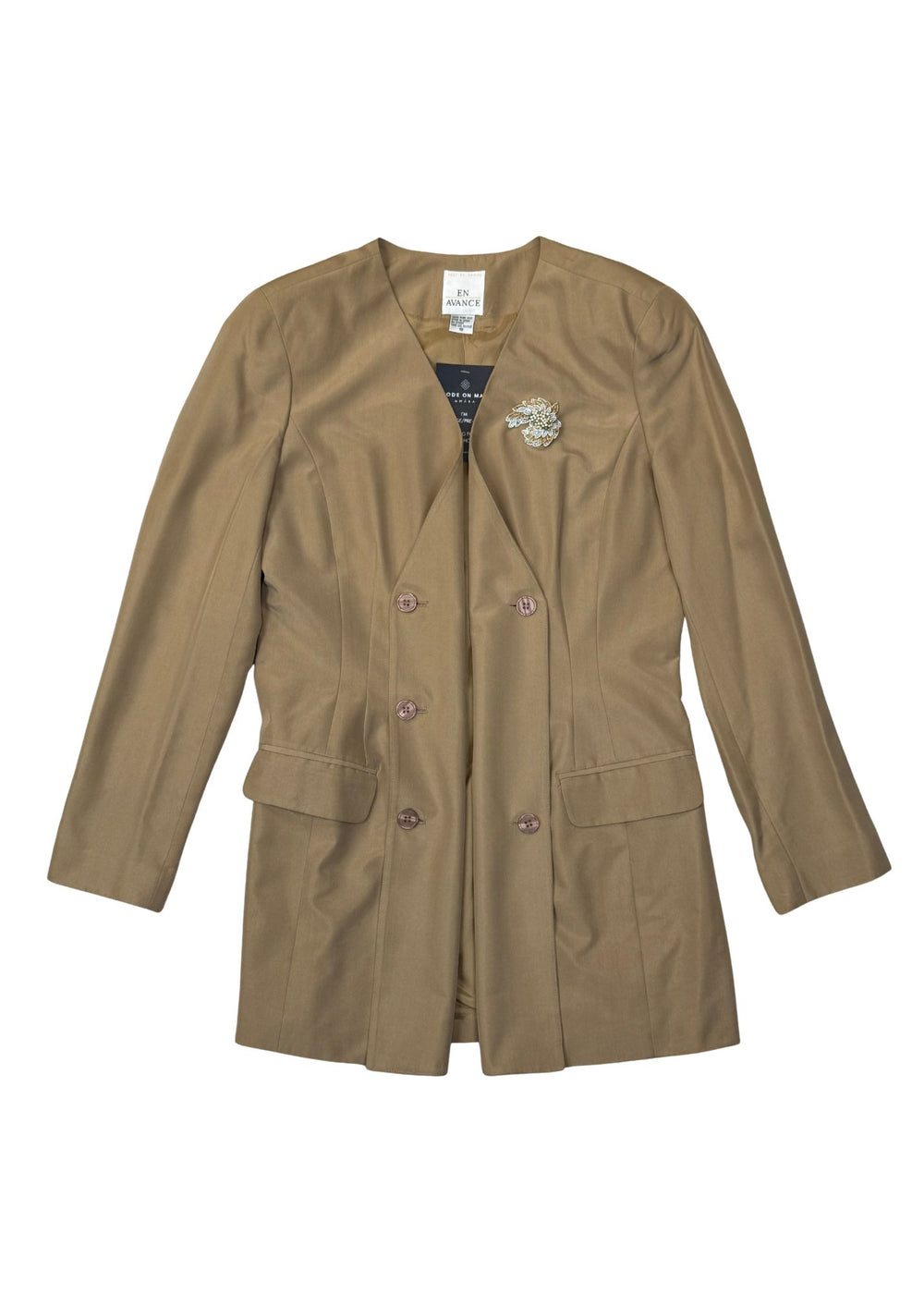 Vintage En Avance Silk Tan Silk Blazer with Pin - Size L