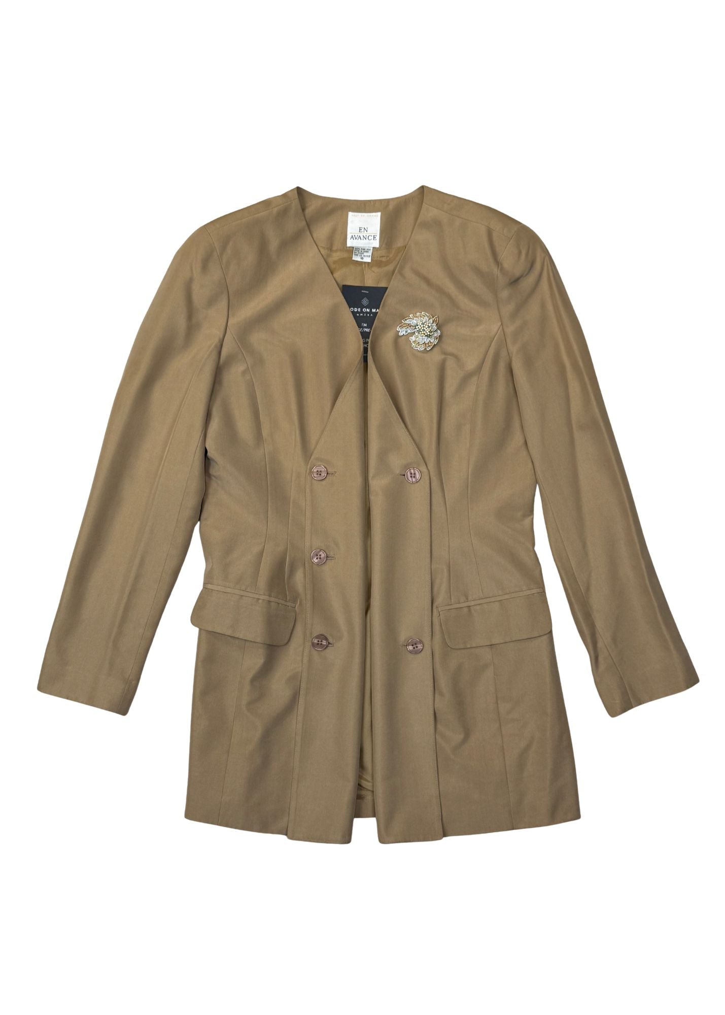 Vintage En Avance Silk Tan Silk Blazer with Pin - Size L