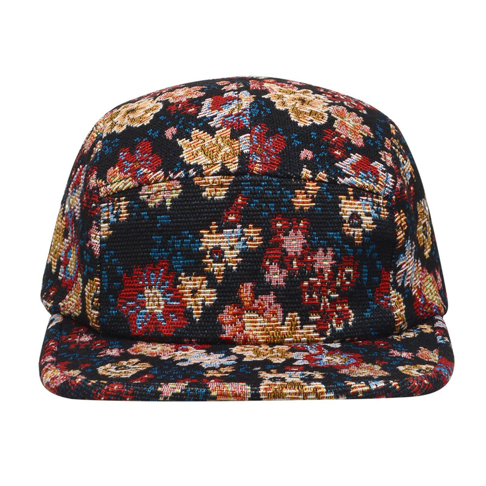 HatPhile Jacquard Floral 5-Panel Hat – Floral Pattern in Camp Cap Style - Black Floral