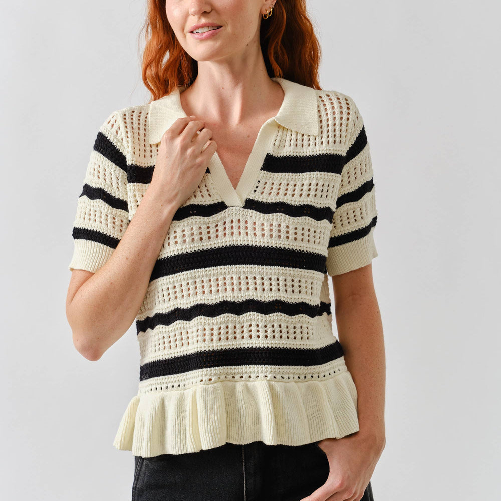 
                      
                        Open Knit Ruffle Hem Stripe Sweater
                      
                    
