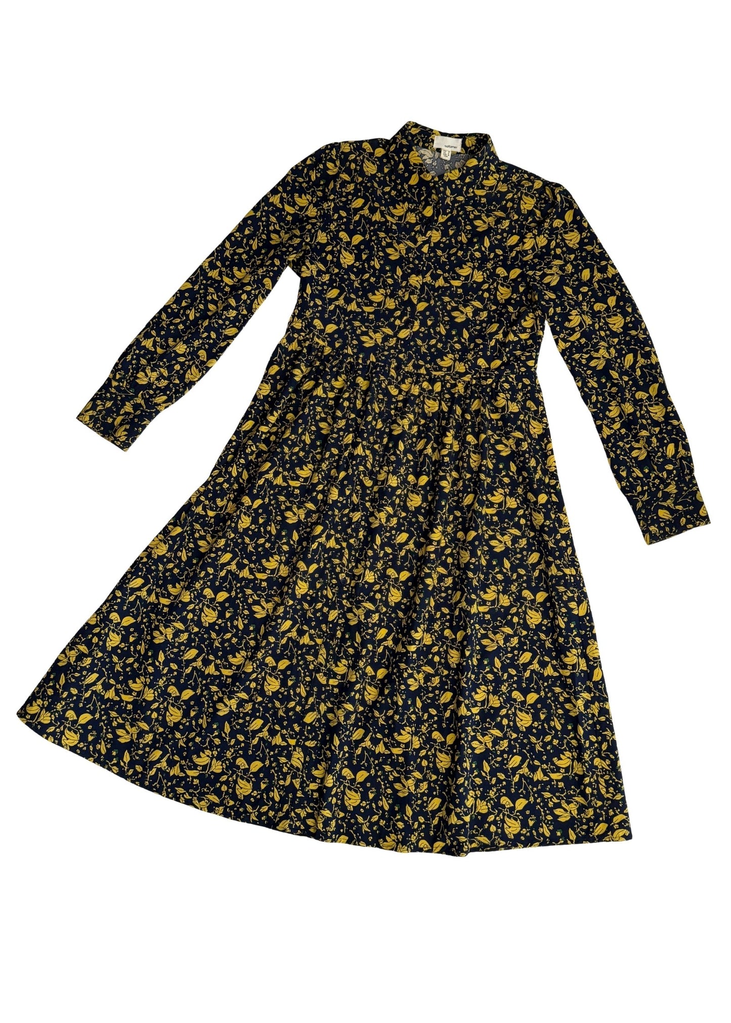 Pre-loved Navy & Yellow Floral Midi Dress - Size M