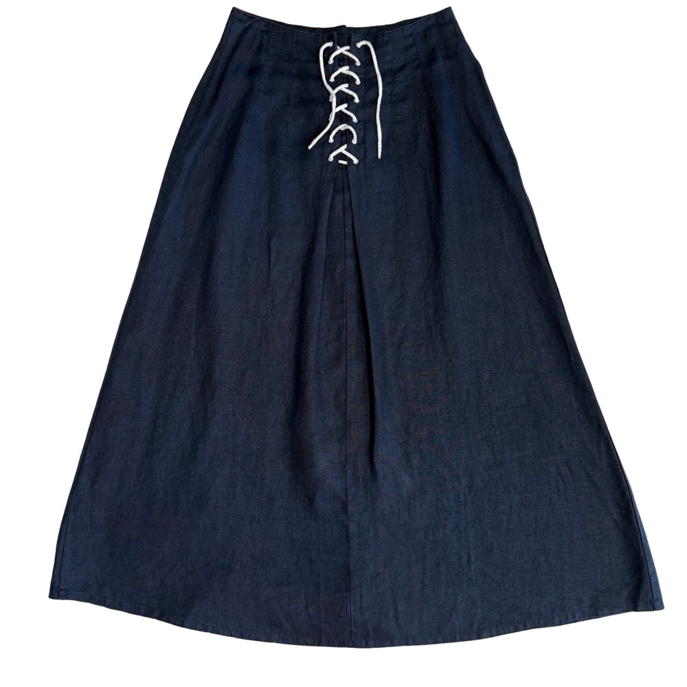 Vintage Navy Linen Skirt with Button & Lace Up Detail - Size L
