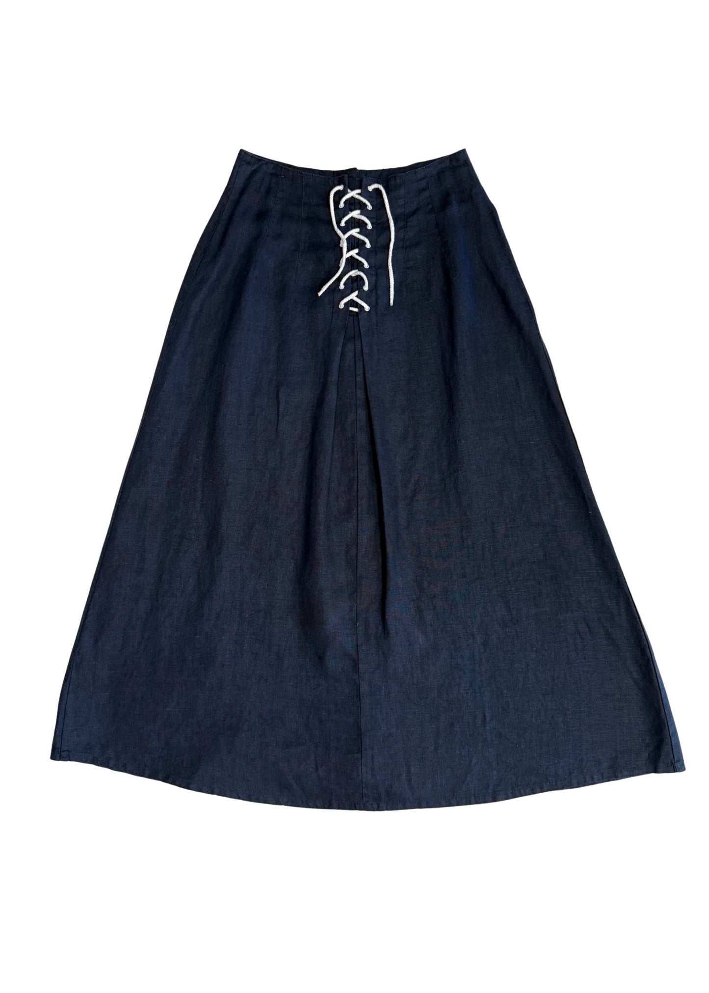 Vintage Navy Linen Skirt with Button & Lace Up Detail - Size L
