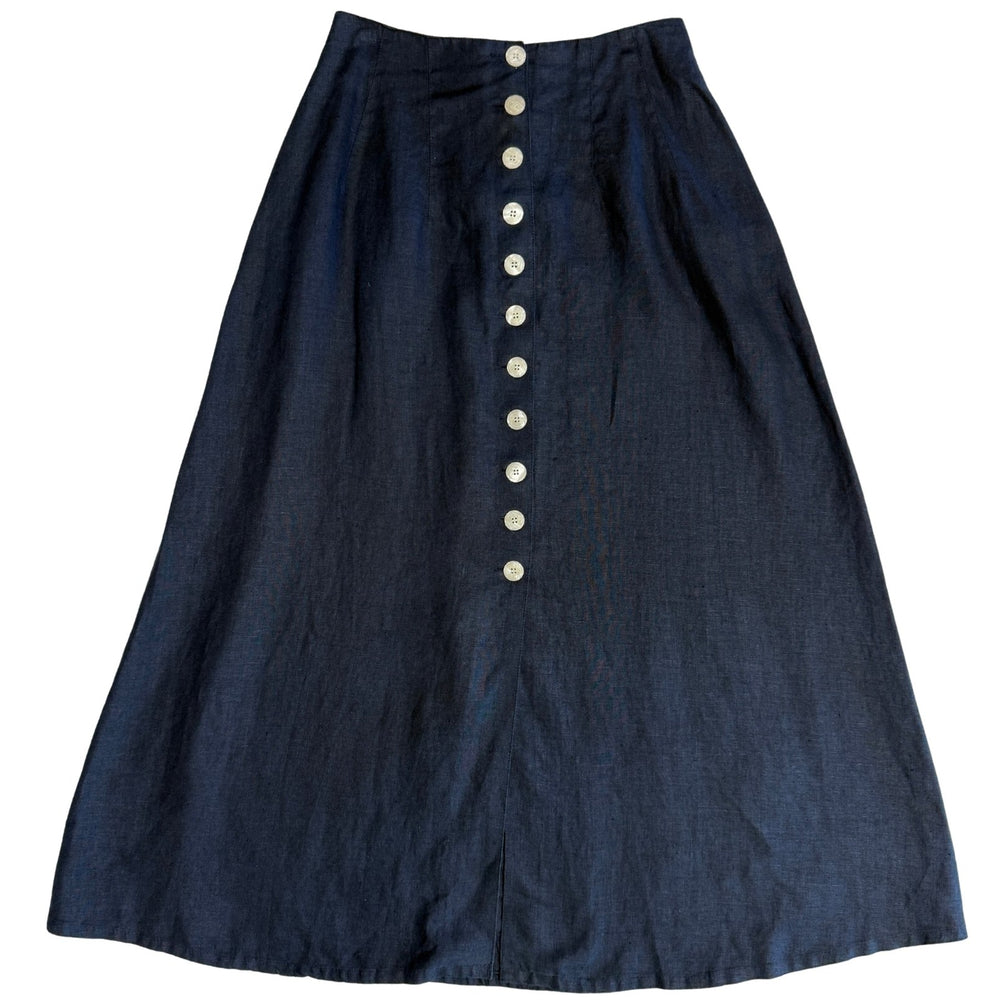 Vintage Navy Linen Skirt with Button & Lace Up Detail - Size L