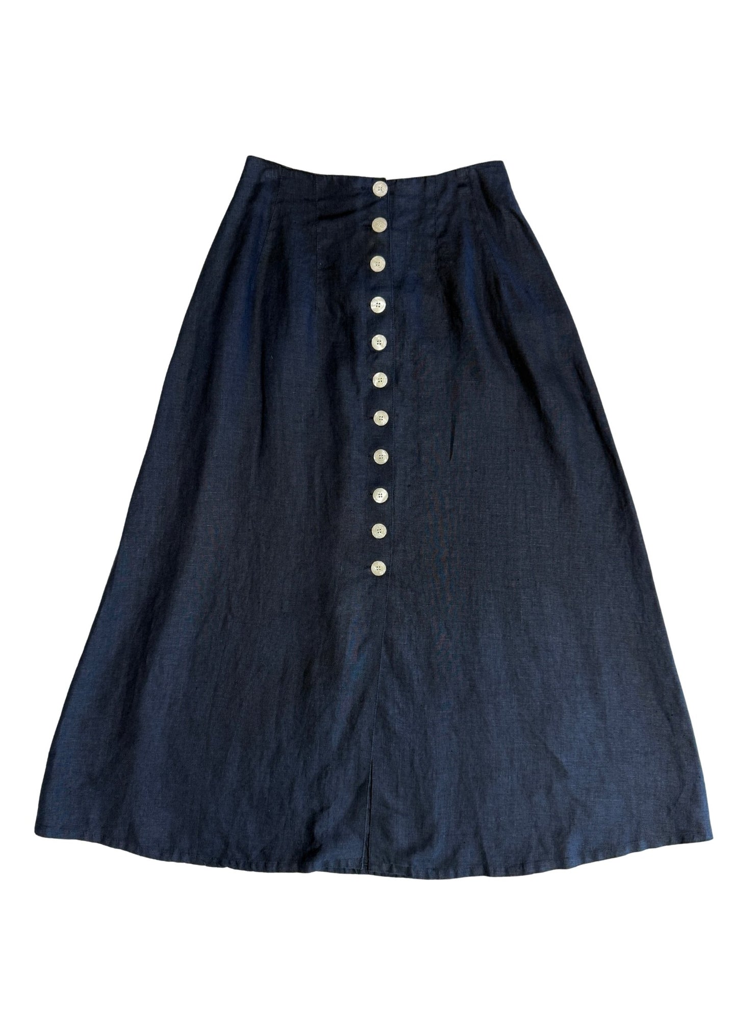 Vintage Navy Linen Skirt with Button & Lace Up Detail - Size L