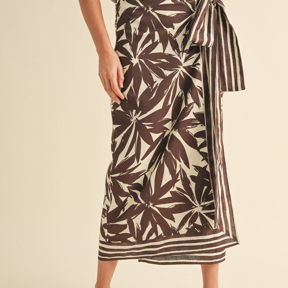 Floral Print Linen Wrap Skirt - Brown