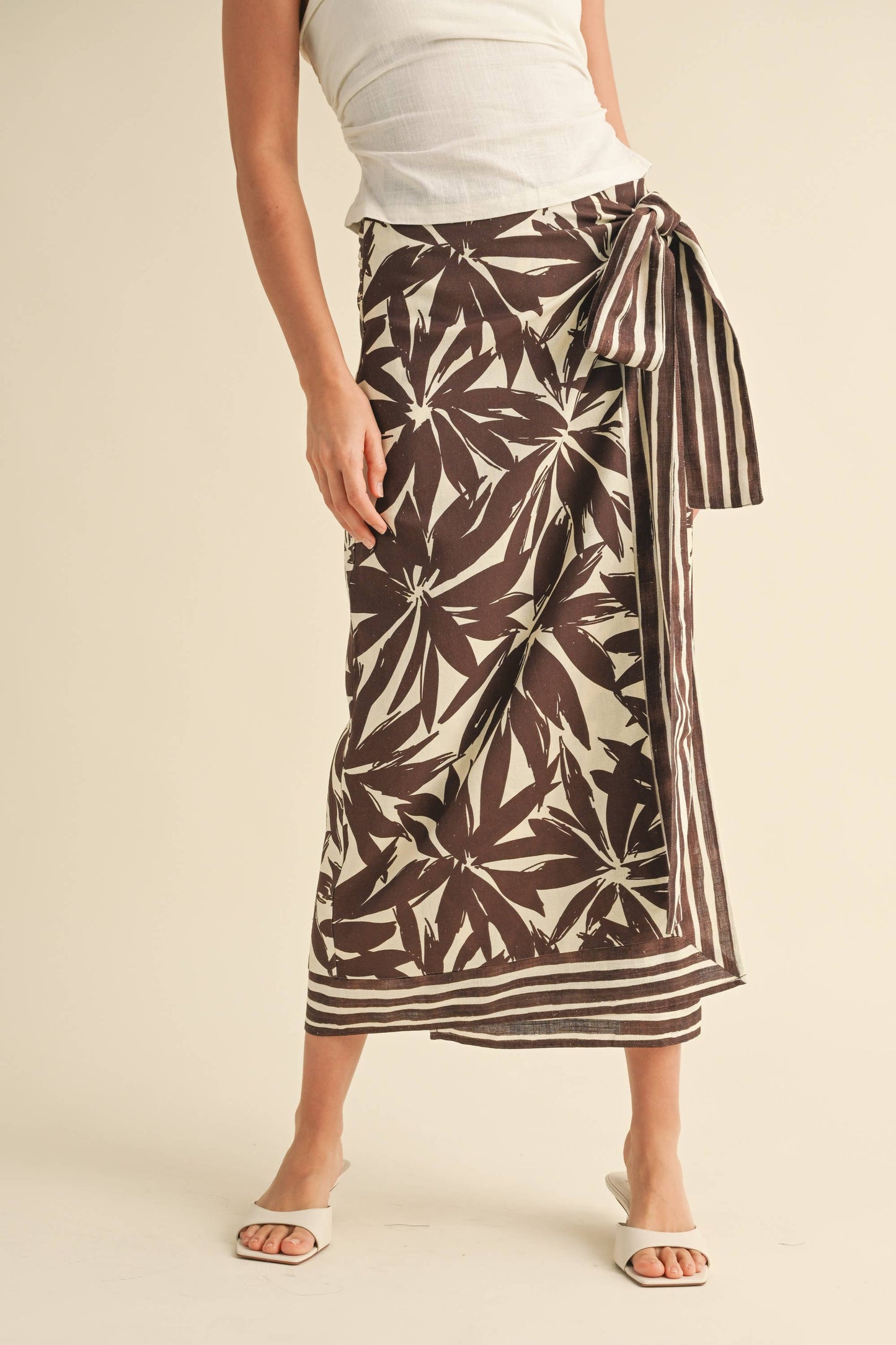 Floral Print Linen Wrap Skirt - Brown