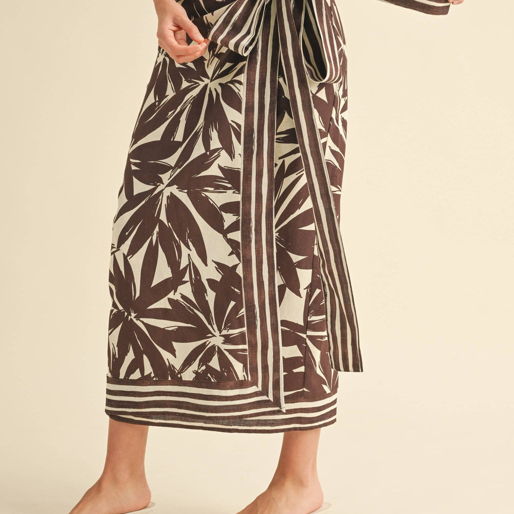Floral Print Linen Wrap Skirt - Brown