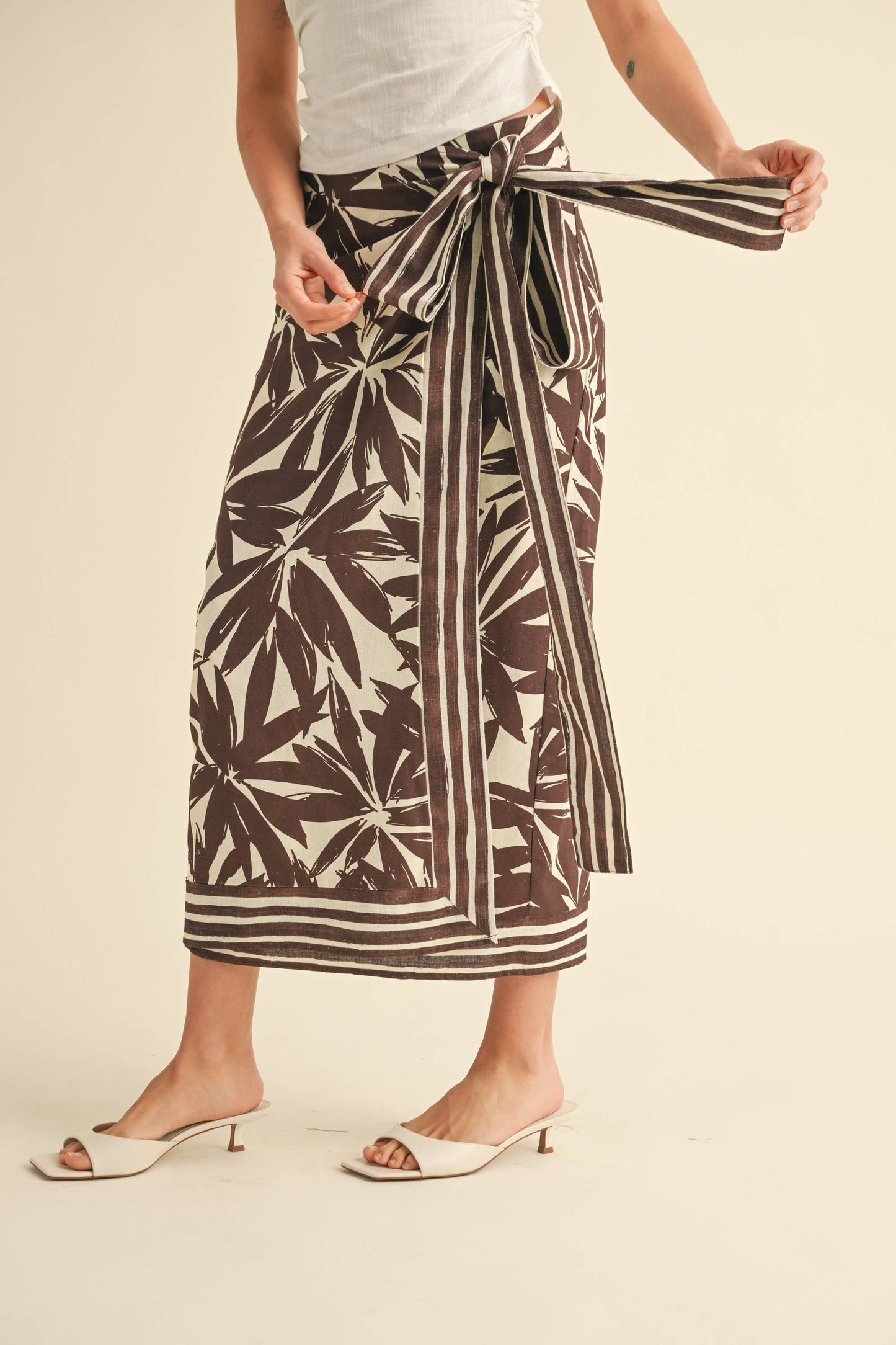 Floral Print Linen Wrap Skirt - Brown