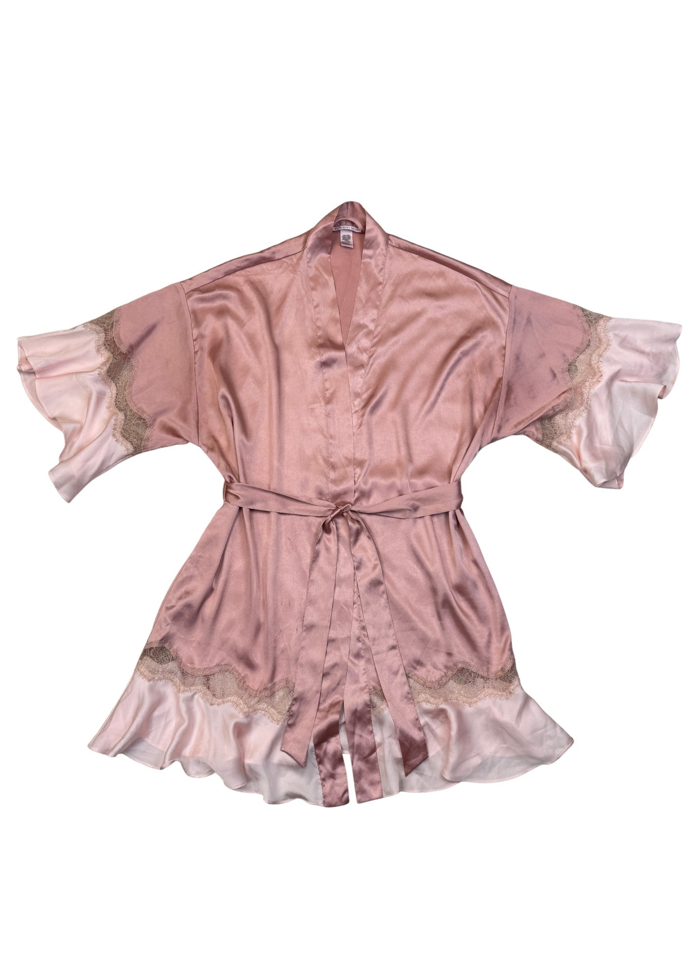 Pre-loved Silky Pink & Blush Lace Inlay Robe - Size XS