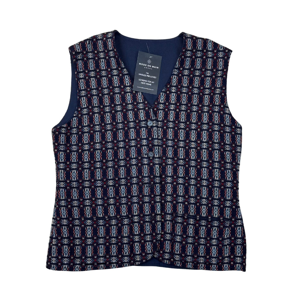Vintage Navy Blue & Red Handmade Knit Vest - Size S