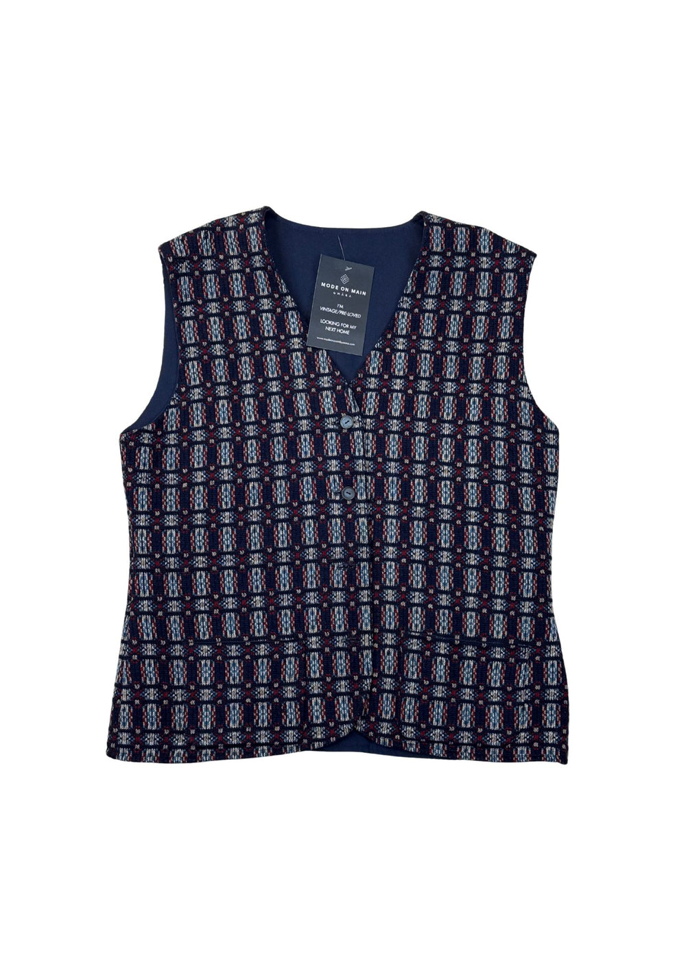 Vintage Navy Blue & Red Handmade Knit Vest - Size S