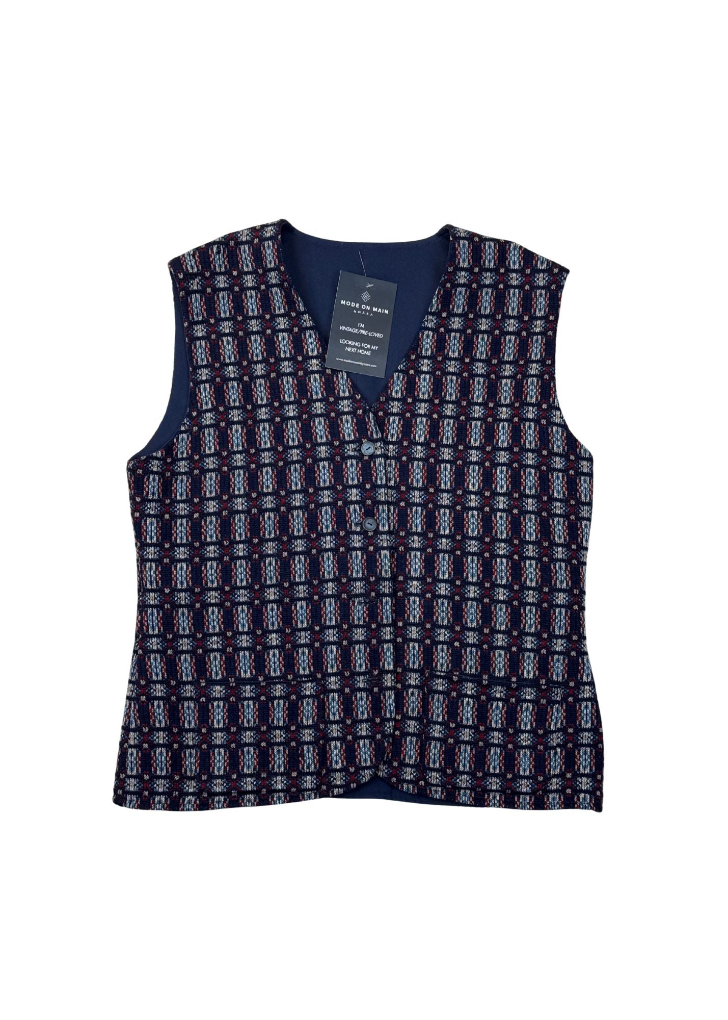 Vintage Navy Blue & Red Handmade Knit Vest - Size S