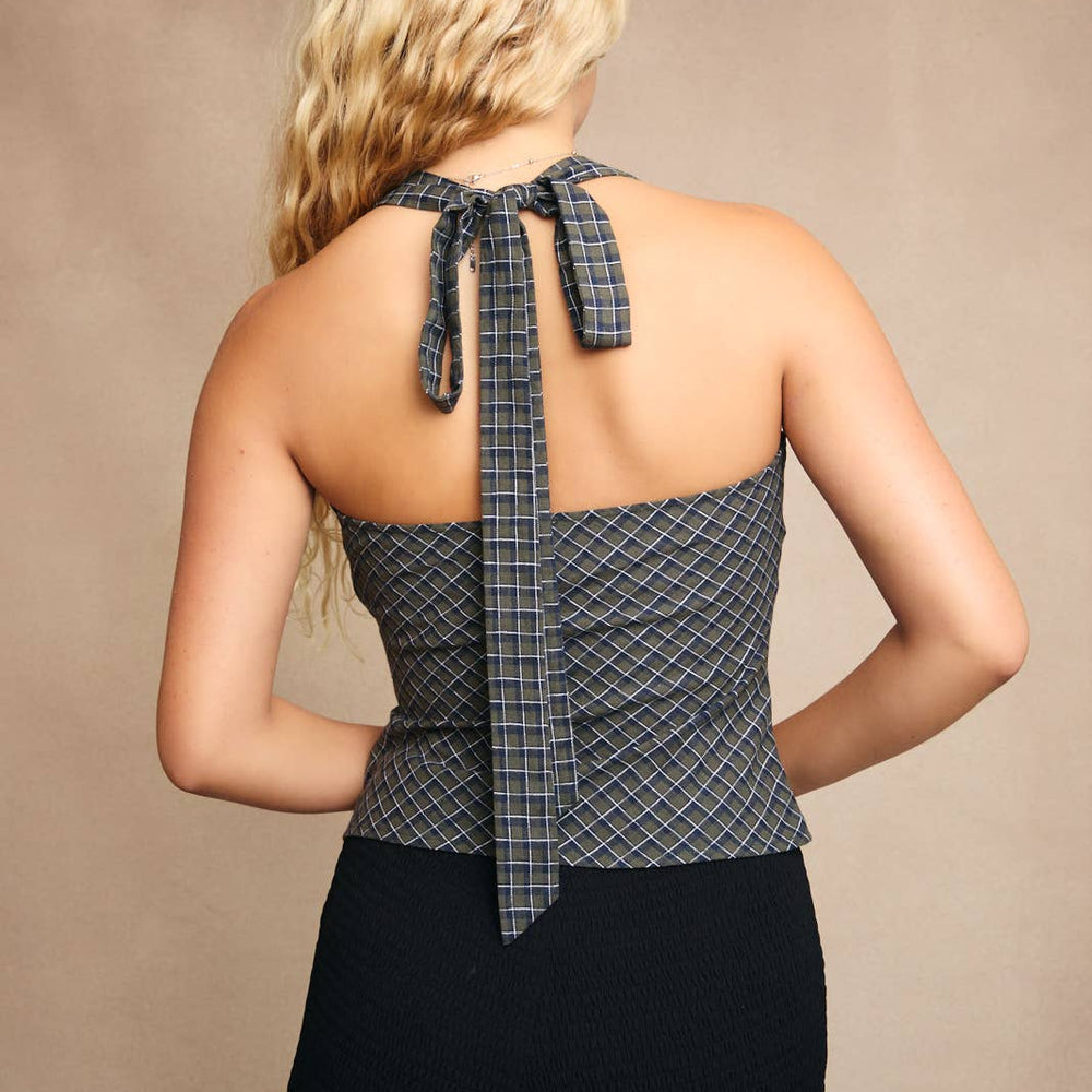 
                      
                        Halter Neck Top With Side Zipper - Olive and Navy Plaid
                      
                    