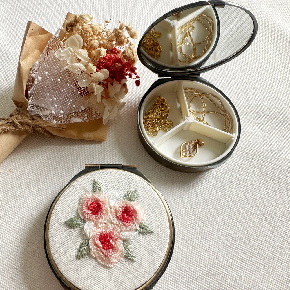 
                      
                        Floral Embroidered Round Jewelry/Pill Box With Mirror
                      
                    