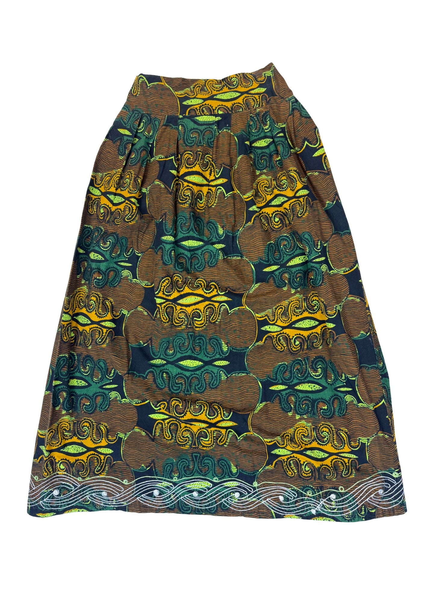 Vintage Handmade Green & Brown Patterned Maxi Skirt - Size S