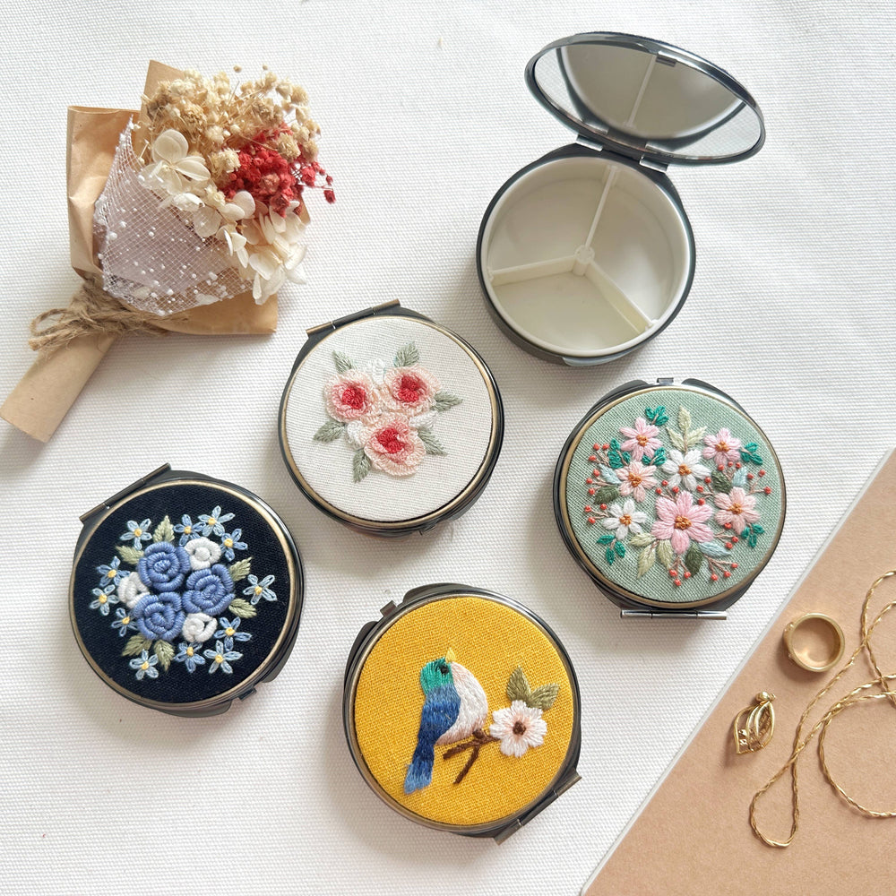 Floral Embroidered Round Jewelry/Pill Box With Mirror