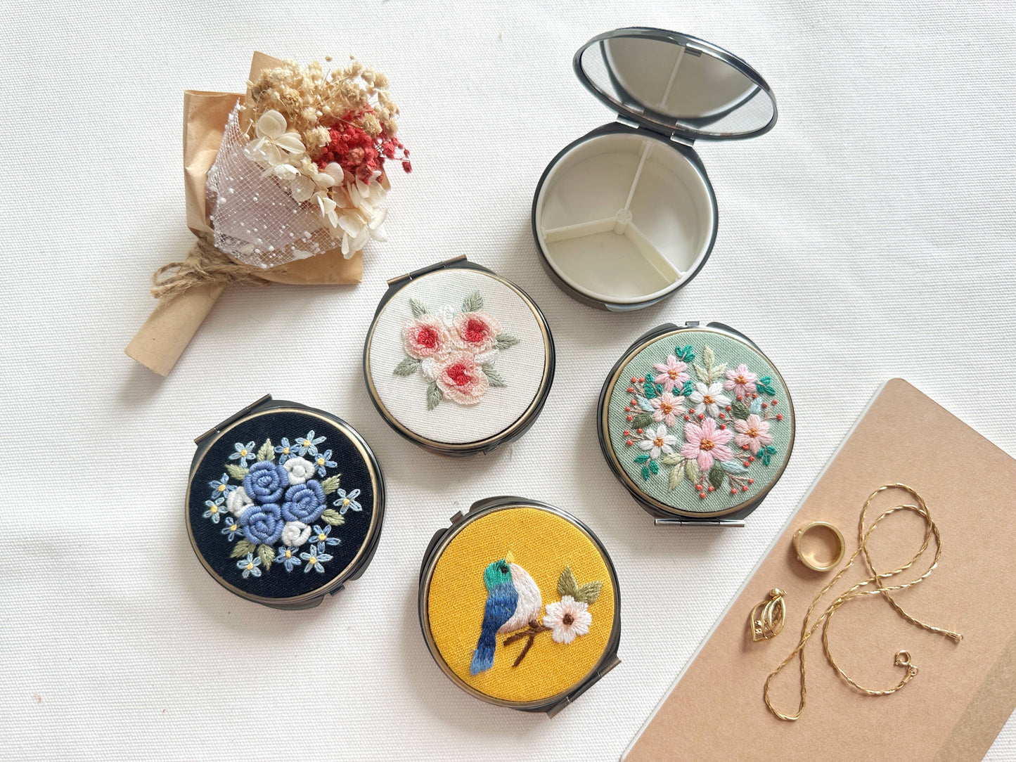 Floral Embroidered Round Jewelry/Pill Box With Mirror
