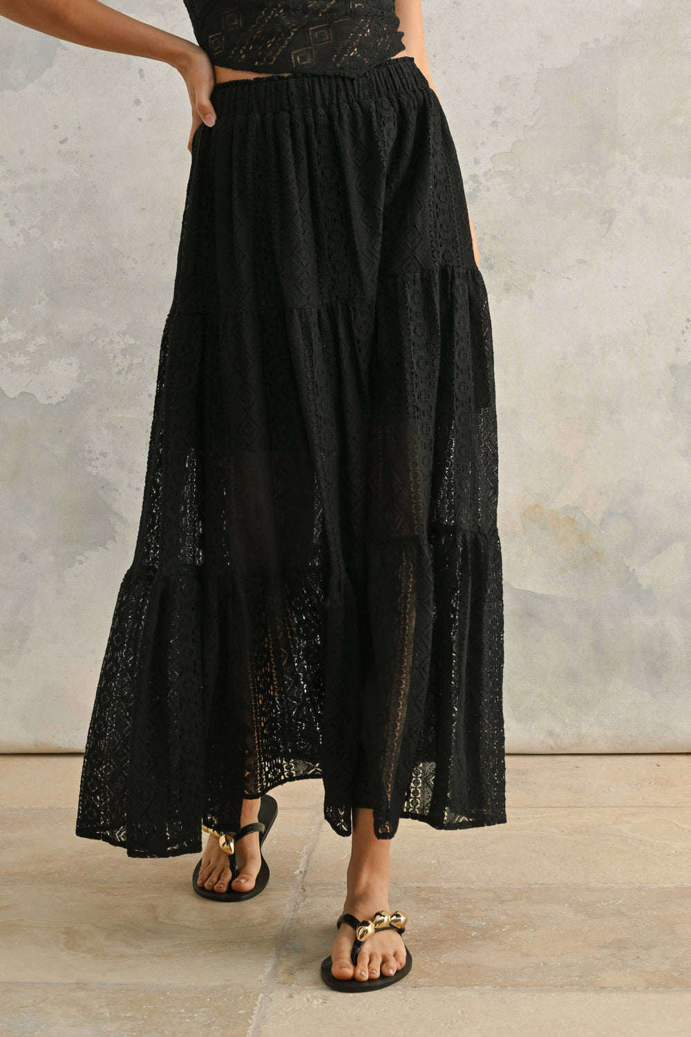 New Crochet Lace Tiered Skirt - Black
