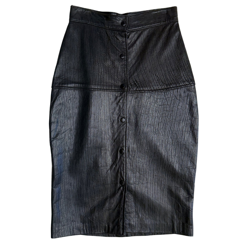 Vintage Black Leather Snap Front Pencil Skirt - Size S