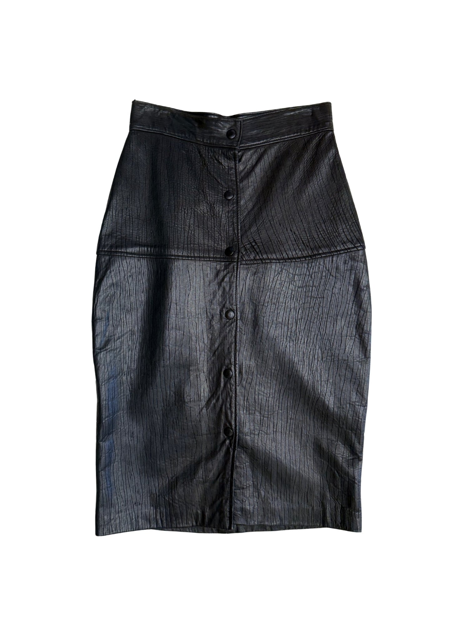 Vintage Black Leather Snap Front Pencil Skirt - Size S