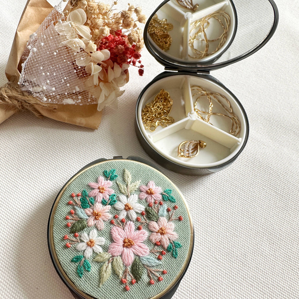 Floral Embroidered Round Jewelry/Pill Box With Mirror