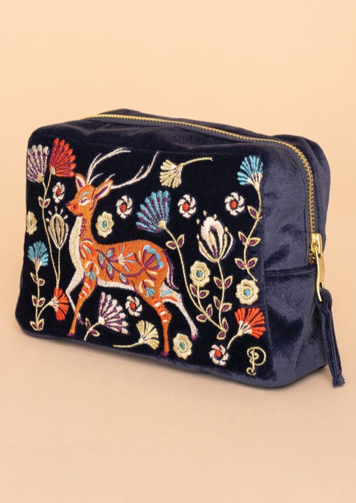 Velvet Embroidered Make-Up Bag - Folk Art Deer