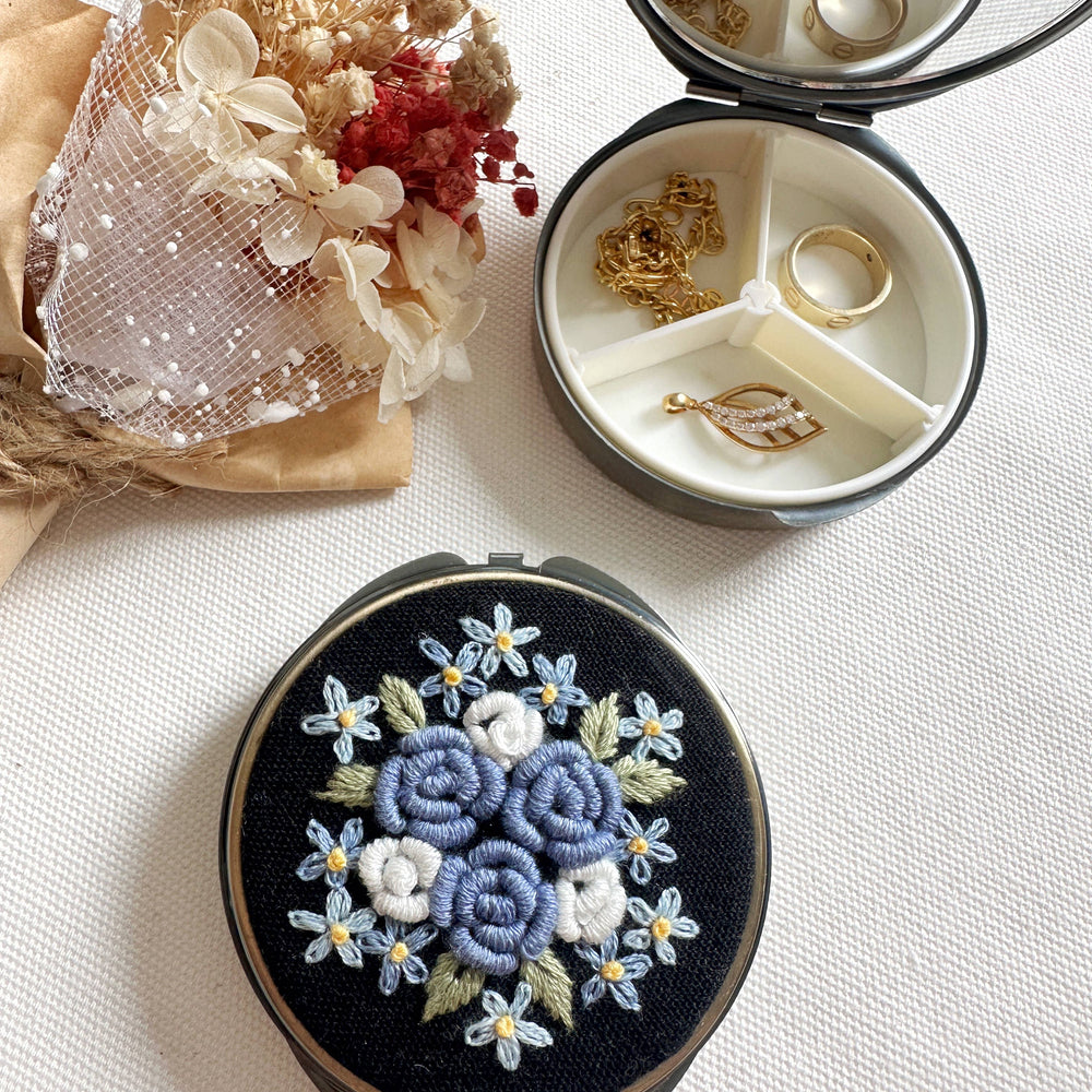 
                      
                        Floral Embroidered Round Jewelry/Pill Box With Mirror
                      
                    
