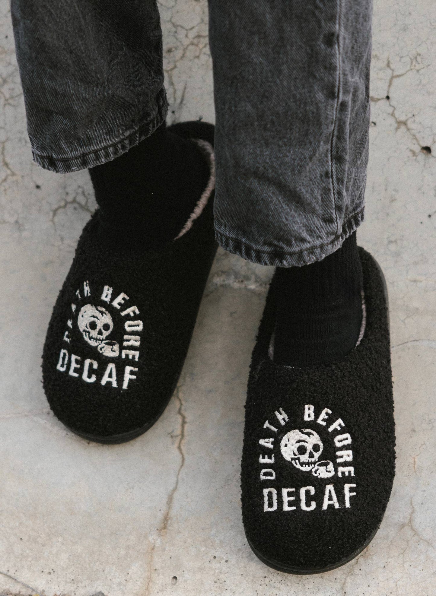 Death Before Decaf Coffee Comfy Fleece Slippers