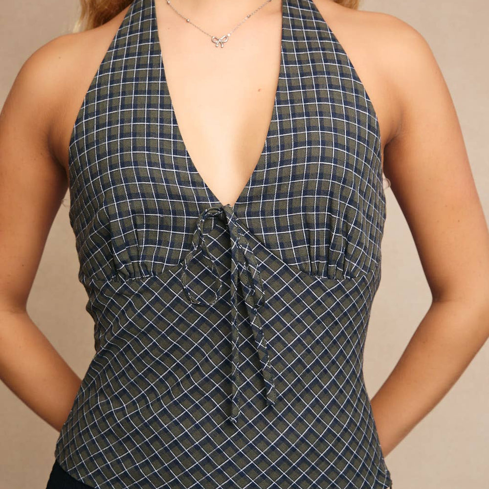 
                      
                        Halter Neck Top With Side Zipper - Olive and Navy Plaid
                      
                    